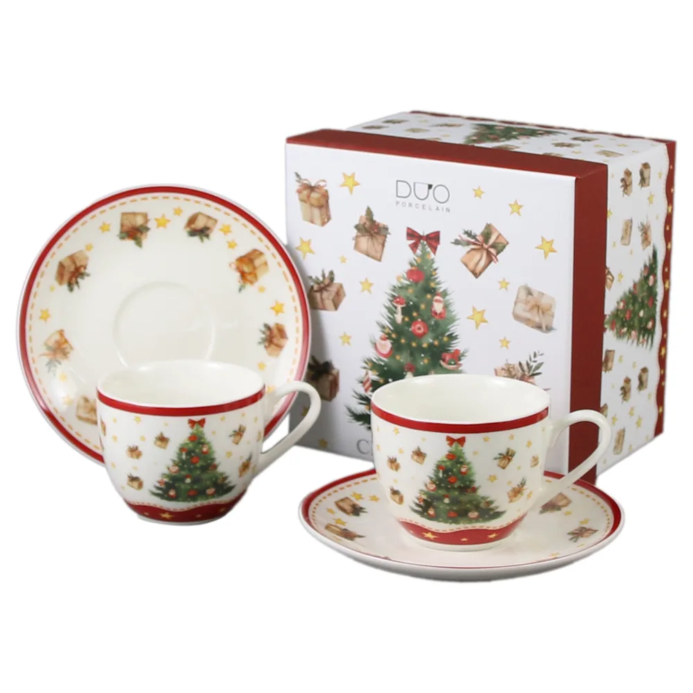 Set 2 cesti espresso cu farfurii, din portelan, Christmas Tree, 90 ml, in cutie decorativa, Brad de Craciun