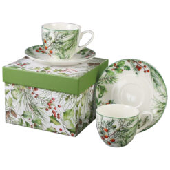 Alternative view of Set 2 cesti espresso cu farfurii, din portelan, Christmas Leaves, 90 ml, in cutie decorativa, Frunze de Craciun