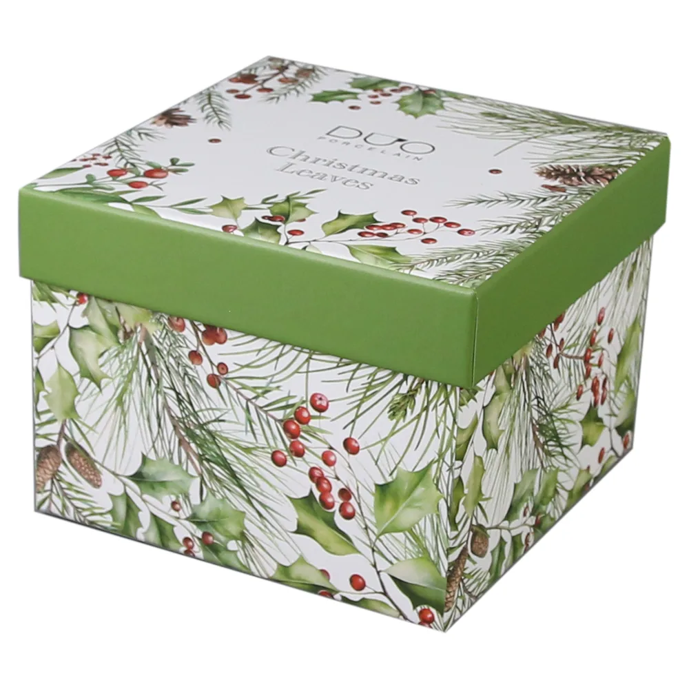 Set 2 cesti espresso cu farfurii, din portelan, Christmas Leaves, 90 ml, in cutie decorativa, Frunze de Craciun - imagine 3