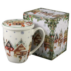 Alternative view of Cana portelan cu infuzor metalic si capac, Christmas Village, 360 ml, in cutie decorativa, Sat de Craciun
