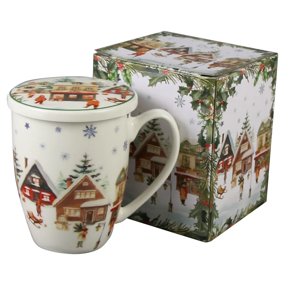 Cana portelan cu infuzor metalic si capac, Christmas Village, 360 ml, in cutie decorativa, Sat de Craciun - imagine 2