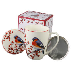 Cana portelan cu infuzor metalic si capac, Christmas Birds, 360 ml, in cutie decorativa, Pasari de Craciun