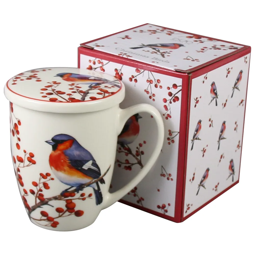Cana portelan cu infuzor metalic si capac, Christmas Birds, 360 ml, in cutie decorativa, Pasari de Craciun - imagine 2