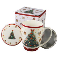 Cana portelan cu infuzor metalic si capac, Christmas Tree, 360 ml, in cutie decorativa, Brad de Craciun