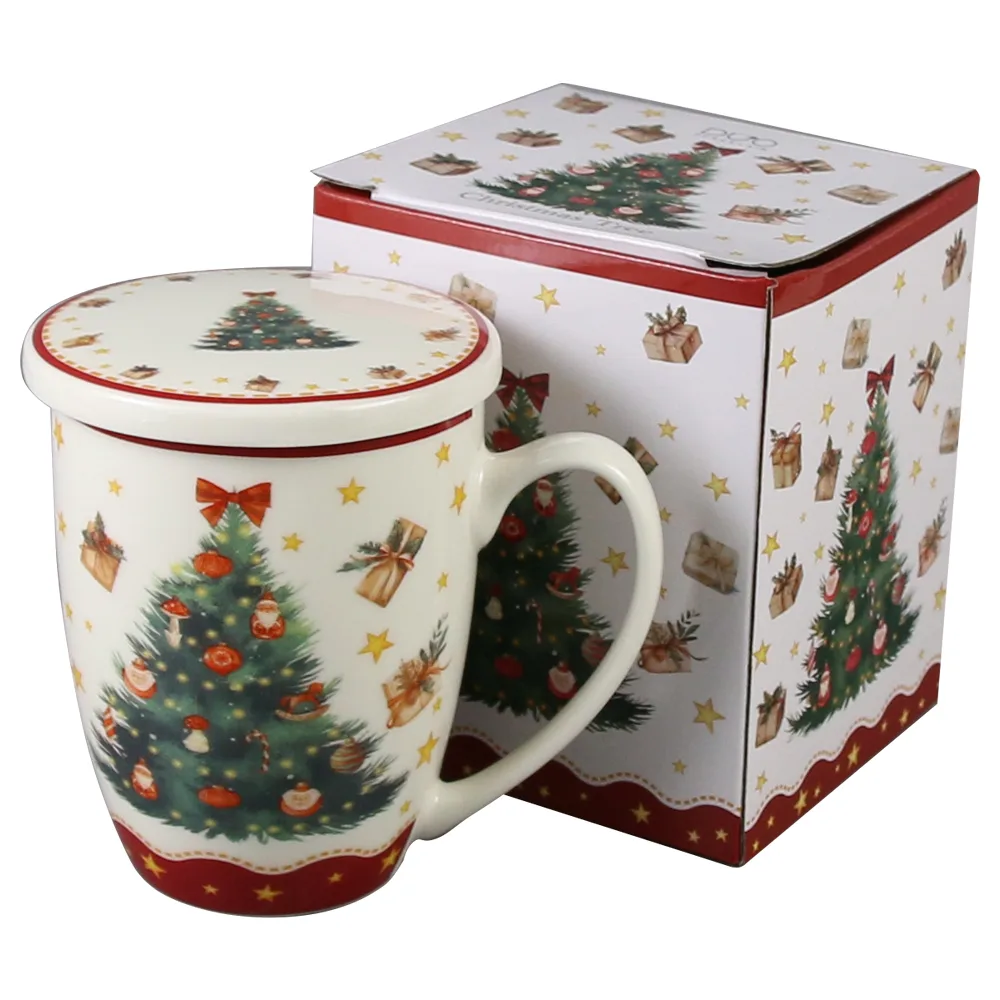Cana portelan cu infuzor metalic si capac, Christmas Tree, 360 ml, in cutie decorativa, Brad de Craciun - imagine 2
