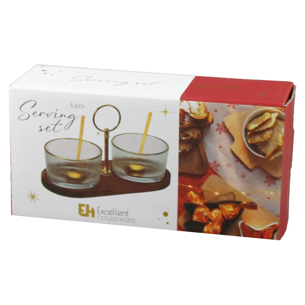 Set 2 boluri din sticla, cu lingurite metalice si suport din bambus 20x9.5 CM, Serving Set - imagine 2