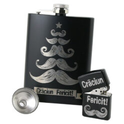 Set cadou pentru barbati "Craciun Fericit!, Plosca cu palnie si bricheta, cu gravura laser