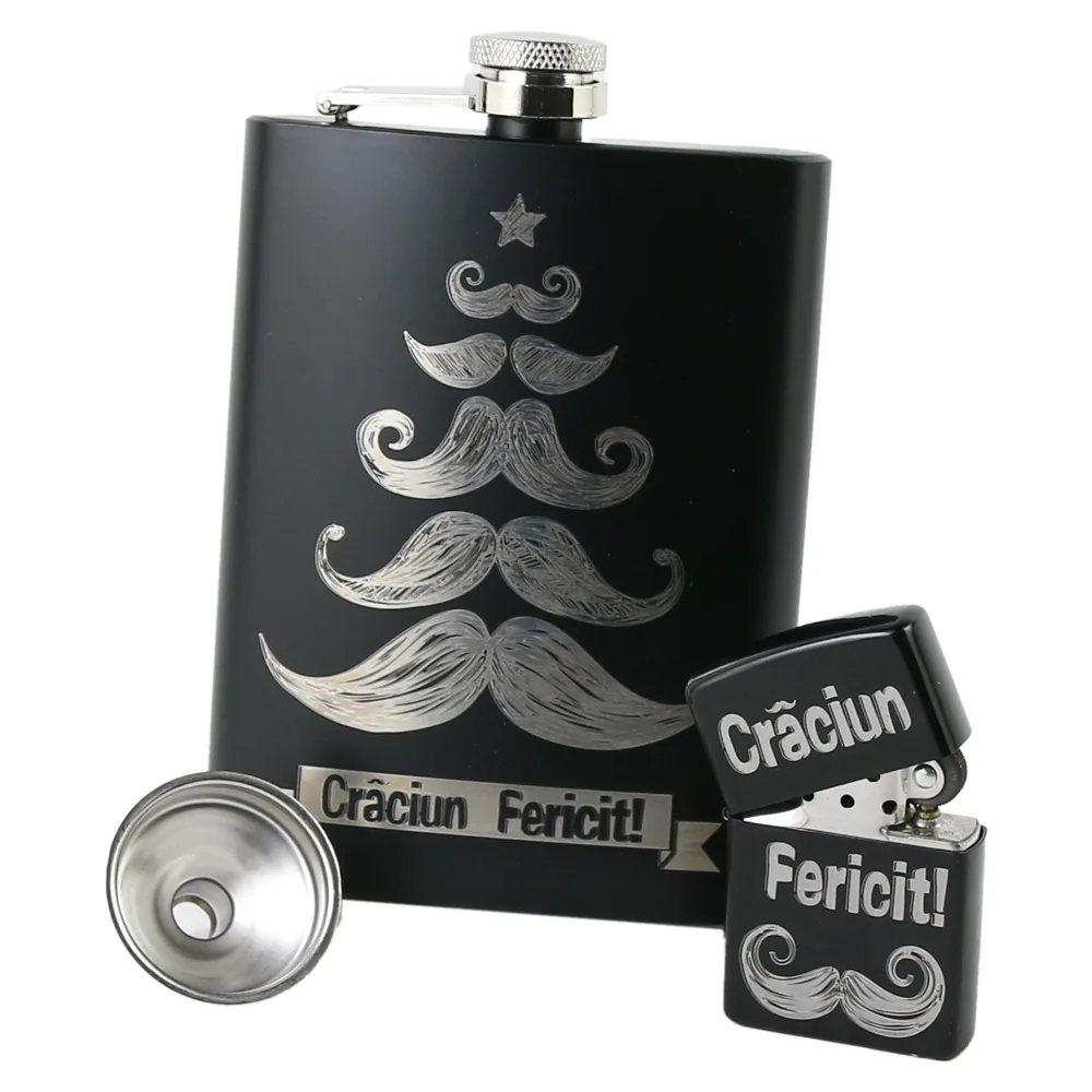 Set cadou pentru barbati "Craciun Fericit!, Plosca cu palnie si bricheta, cu gravura laser