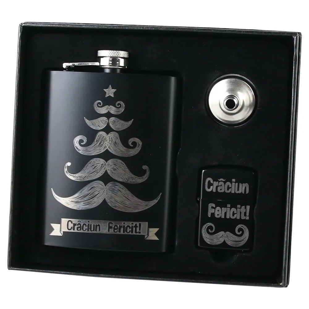 Set cadou pentru barbati "Craciun Fericit!, Plosca cu palnie si bricheta, cu gravura laser - imagine 2