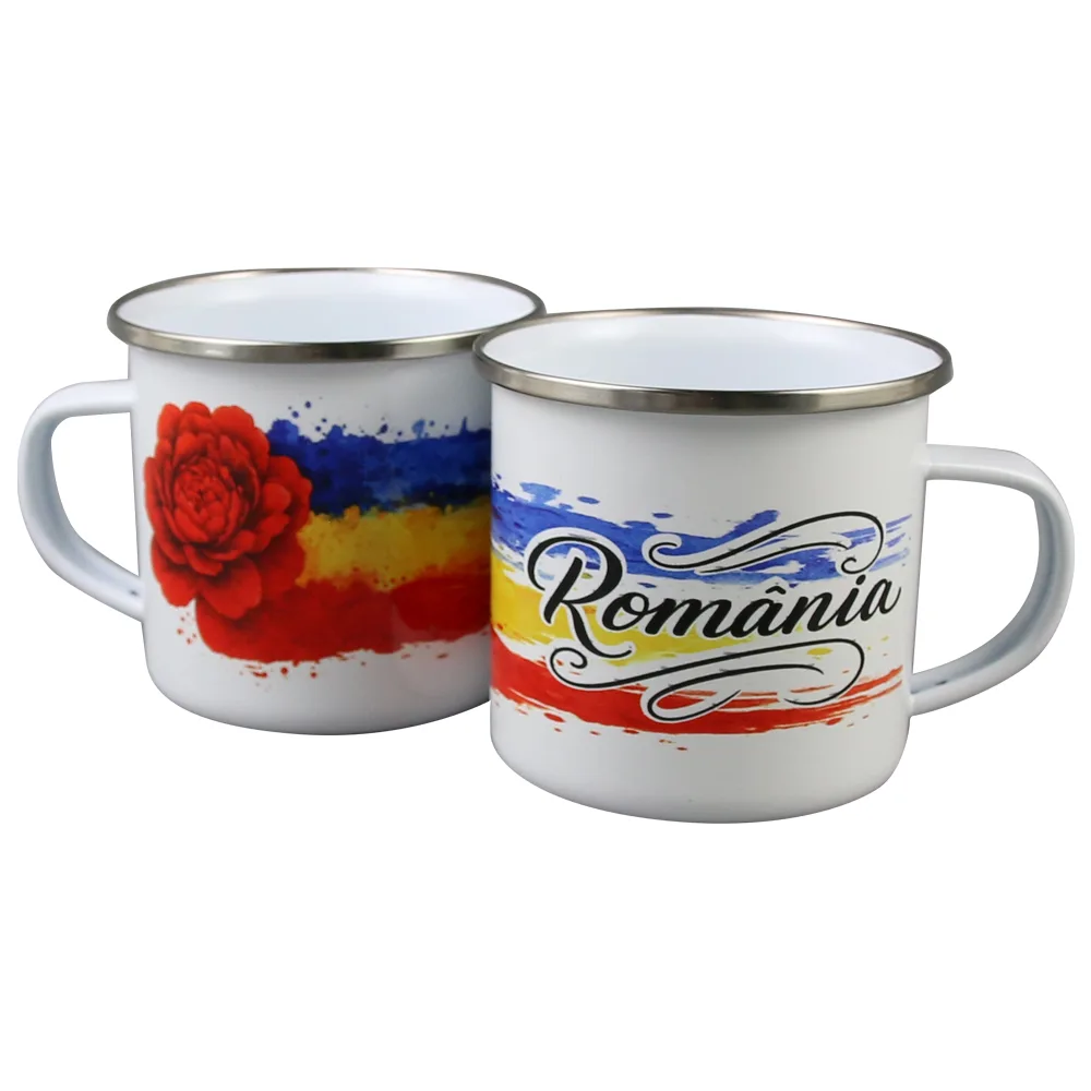 Cana metalica emailata 240 ml, Romania, tricolor