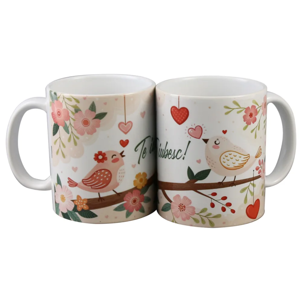 Cana din ceramica, 330 ml, "Te iubesc!", cu pasari si inimioare - imagine 2