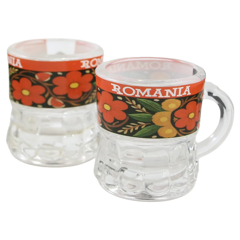 Pahar snaps din sticla cu maner "Romania" 4 x 5 cm flori colorate