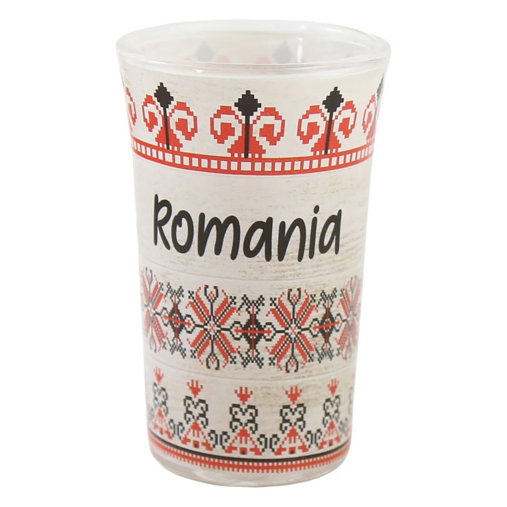 Pahar snaps din sticla "Romania" 4 x 7 cm cu motive traditionale
