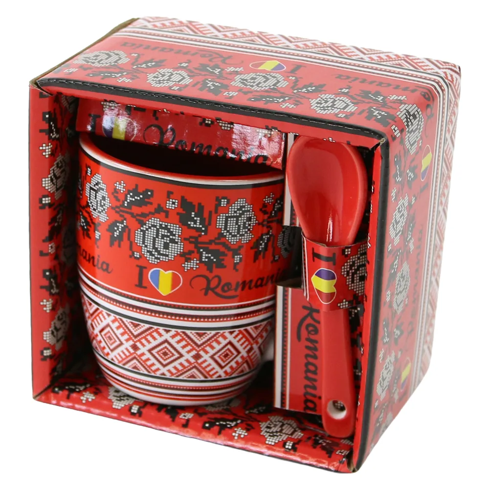 Cana din ceramica cu lingurita "Romania" 90 ml cu motive traditionale, in cutie decorativa - imagine 2