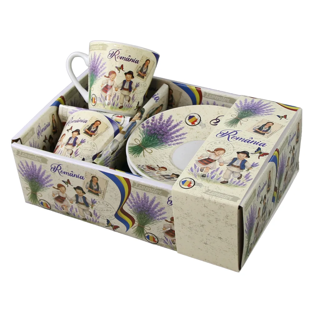 Set 2 cesti cafea cu farfurioare din ceramica "Romania" 70 ml copii cu lavanda - imagine 2