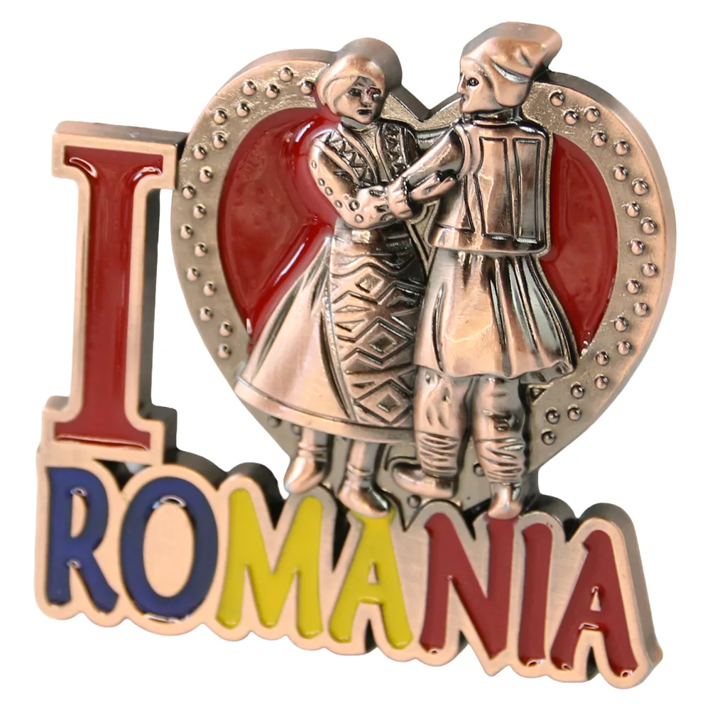 Magnet de frigider metalic "I love Romania" 6 x 6.5 cm cuplu cu inimioara