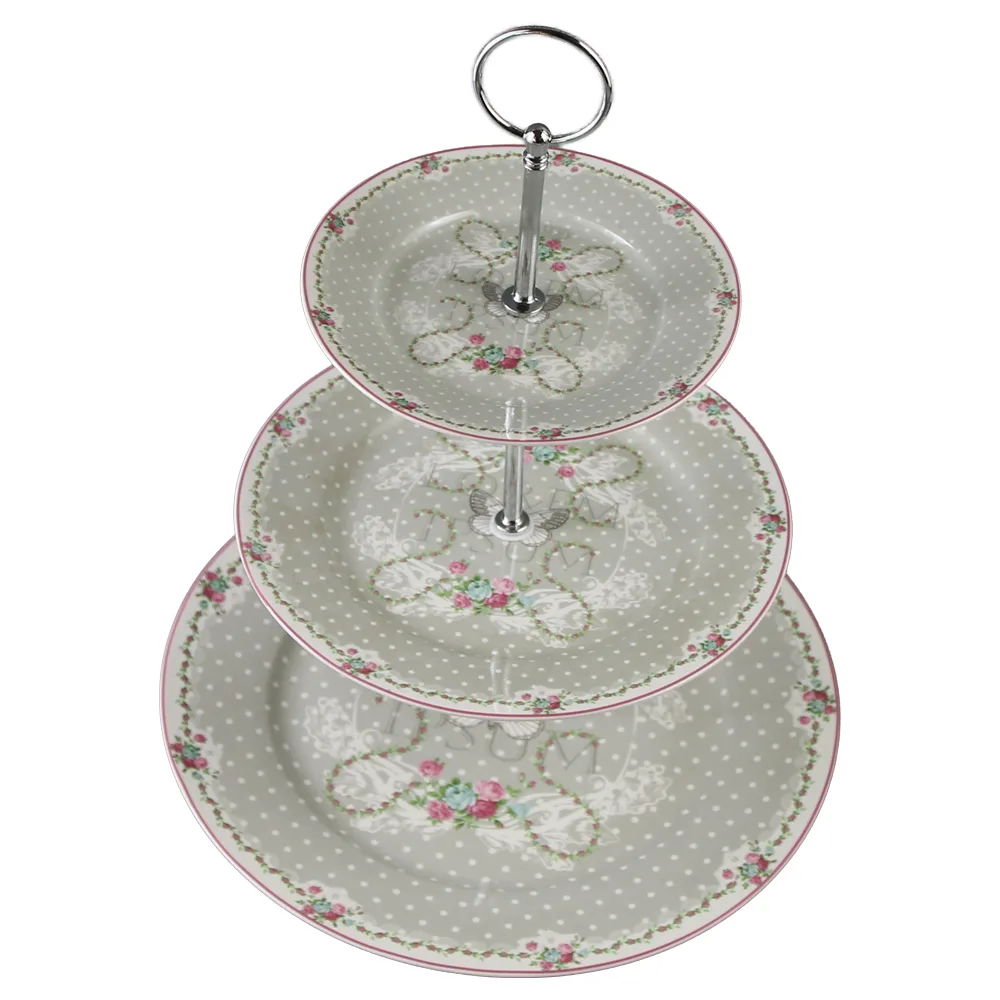 Platou etajat cu trei nivele din ceramica buline si trandafiri 27 / 19 / 15.5 cm