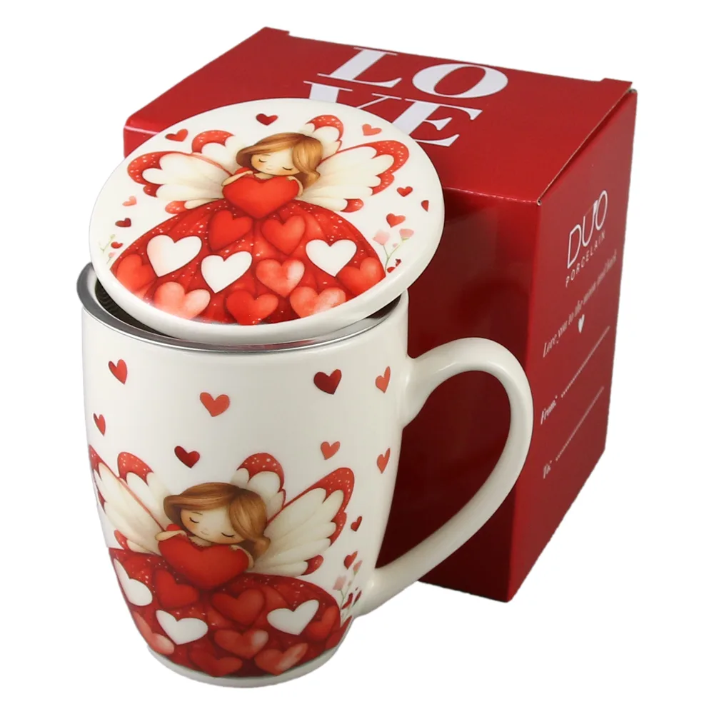 Cana portelan cu infuzor metalic si capac, 360 ml, Ingeras cu inimioare, cu cutie cadou - imagine 2
