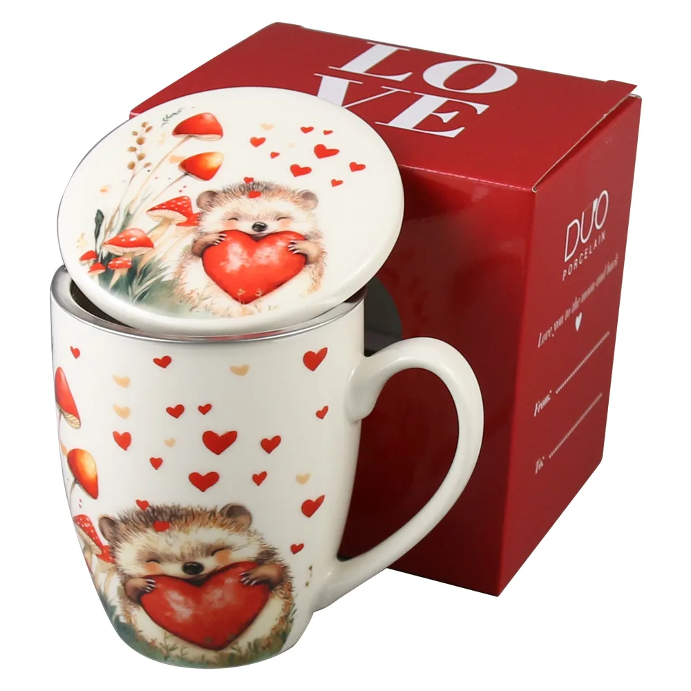 Cana portelan cu infuzor metalic si capac, 360 ml, Arici cu inima, cu cutie cadou - imagine 2