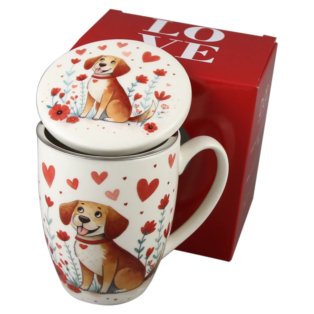 Cana portelan cu infuzor metalic si capac, 360 ml, Catel cu inimioare, cu cutie cadou - imagine 2