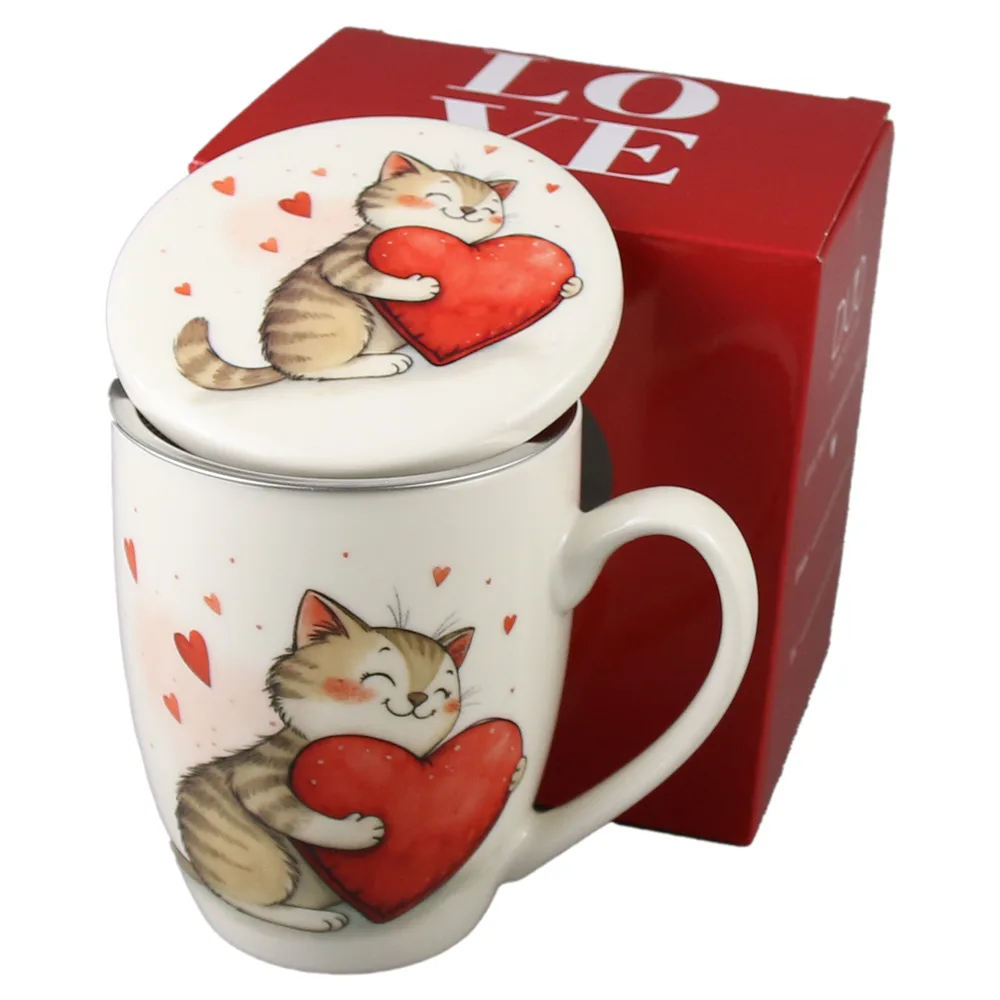 Cana portelan cu infuzor metalic si capac, 360 ml, Pisica cu inima, cu cutie cadou - imagine 2