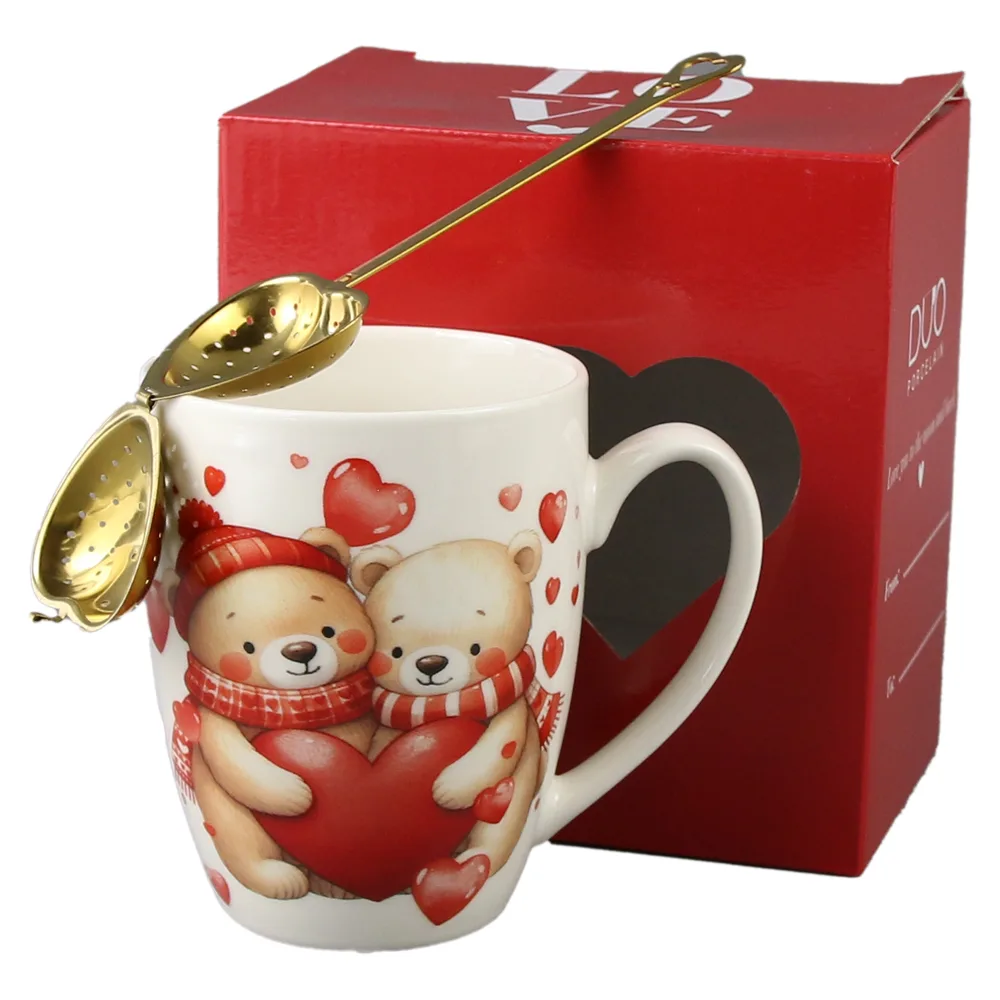 Cana portelan cu infuzor metalic inima, 360 ml, Ursuleti cu inima, cu cutie cadou - imagine 2