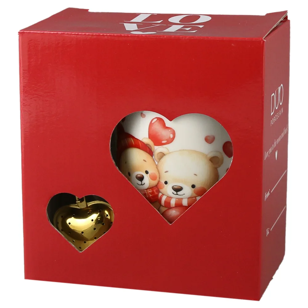 Cana portelan cu infuzor metalic inima, 360 ml, Ursuleti cu inima, cu cutie cadou - imagine 3