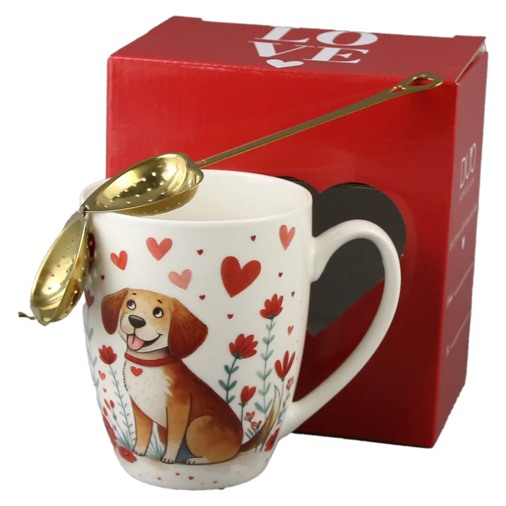 Cana portelan cu infuzor metalic inima, 360 ml, Catel cu inimioare, cu cutie cadou - imagine 2