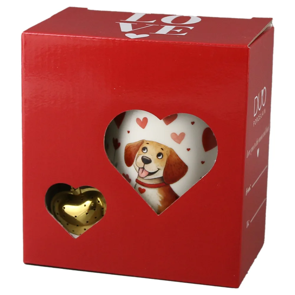 Cana portelan cu infuzor metalic inima, 360 ml, Catel cu inimioare, cu cutie cadou - imagine 3
