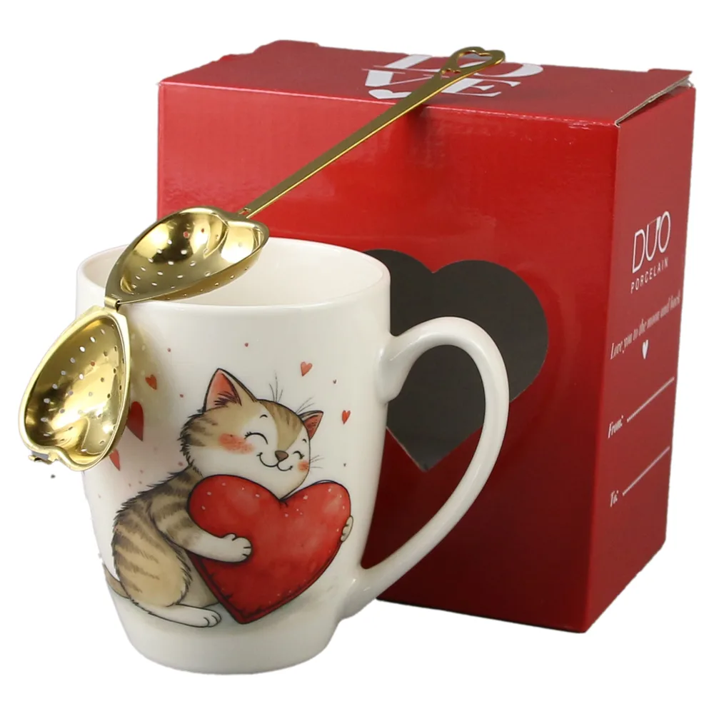 Cana portelan cu infuzor metalic inima, 360 ml, Pisica cu inima, cu cutie cadou - imagine 2