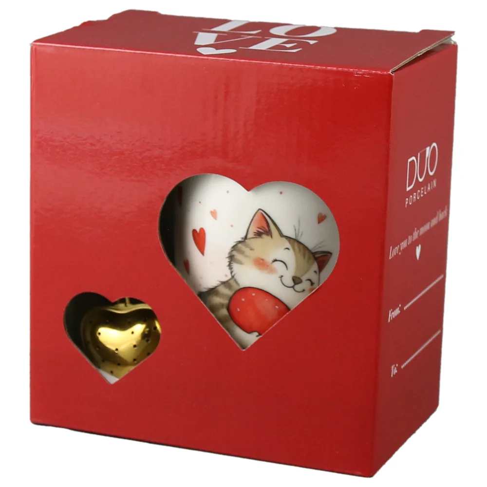 Cana portelan cu infuzor metalic inima, 360 ml, Pisica cu inima, cu cutie cadou - imagine 3