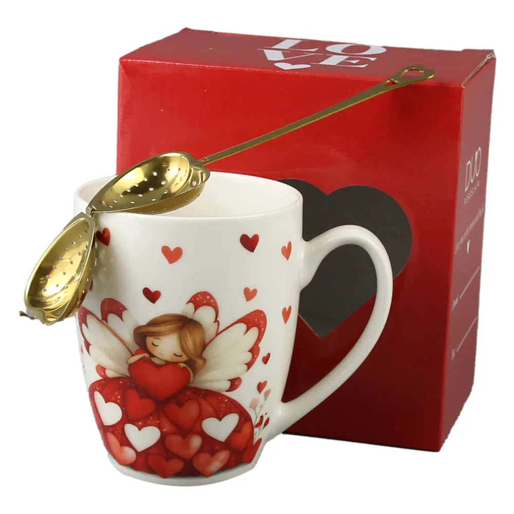 Cana portelan cu infuzor metalic inima, 360 ml, Ingeras cu inimioare, cu cutie cadou - imagine 2