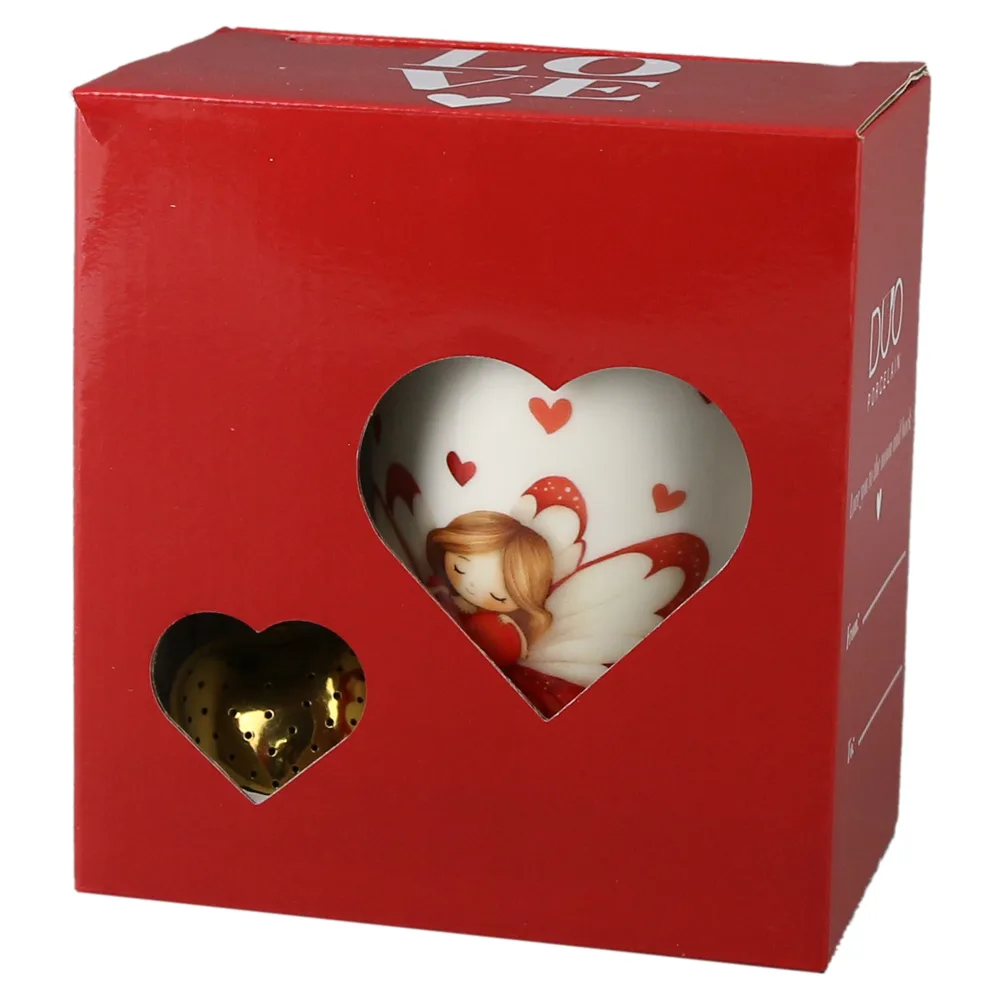 Cana portelan cu infuzor metalic inima, 360 ml, Ingeras cu inimioare, cu cutie cadou - imagine 3