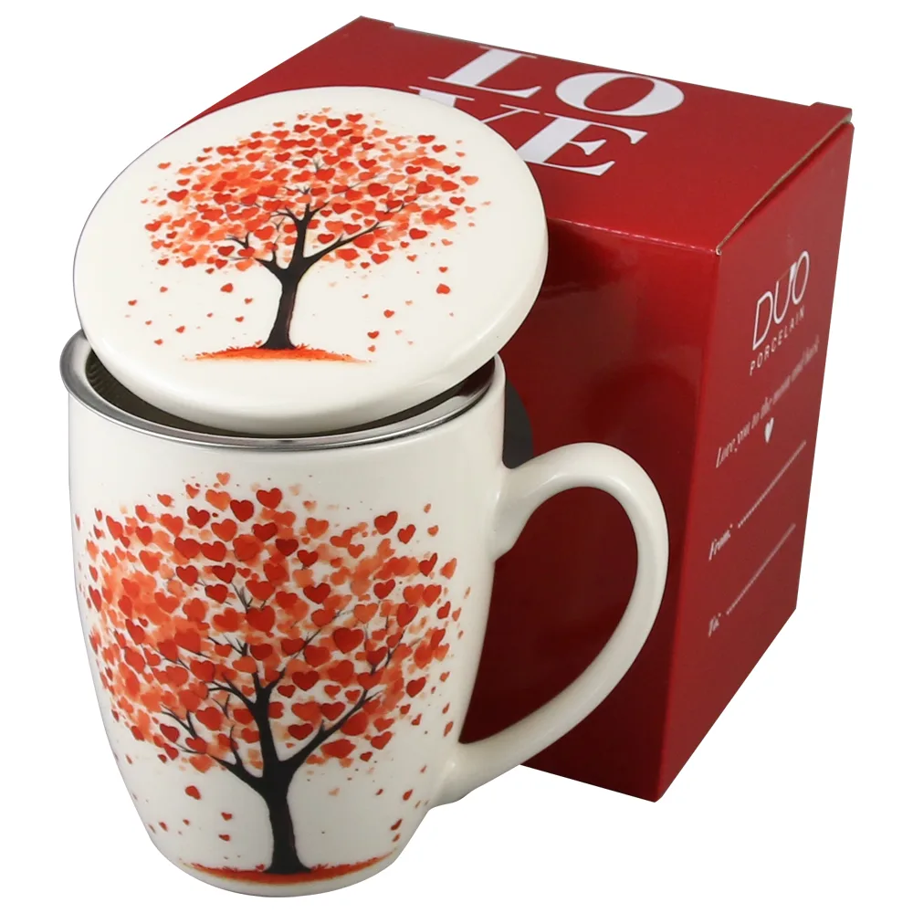 Cana portelan cu infuzor metalic si capac, 360 ml, Copac cu inimioare, cu cutie cadou - imagine 2