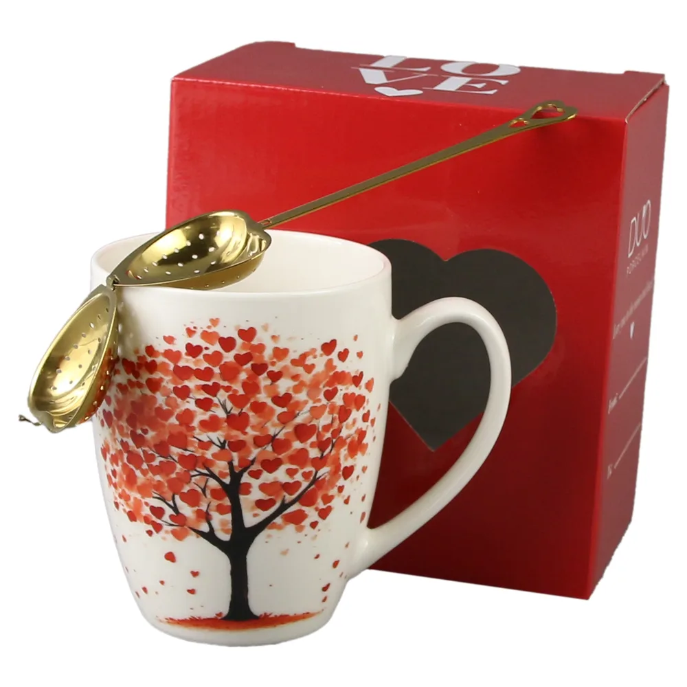 Cana portelan cu infuzor metalic inima, 360 ml, Copac cu inimioare, cu cutie cadou - imagine 2