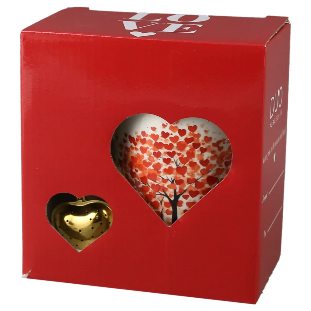 Cana portelan cu infuzor metalic inima, 360 ml, Copac cu inimioare, cu cutie cadou - imagine 3