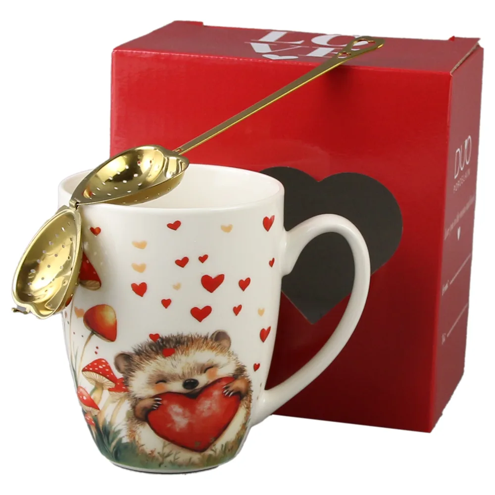 Cana portelan cu infuzor metalic inima, 360 ml, Arici cu inima, cu cutie cadou - imagine 2