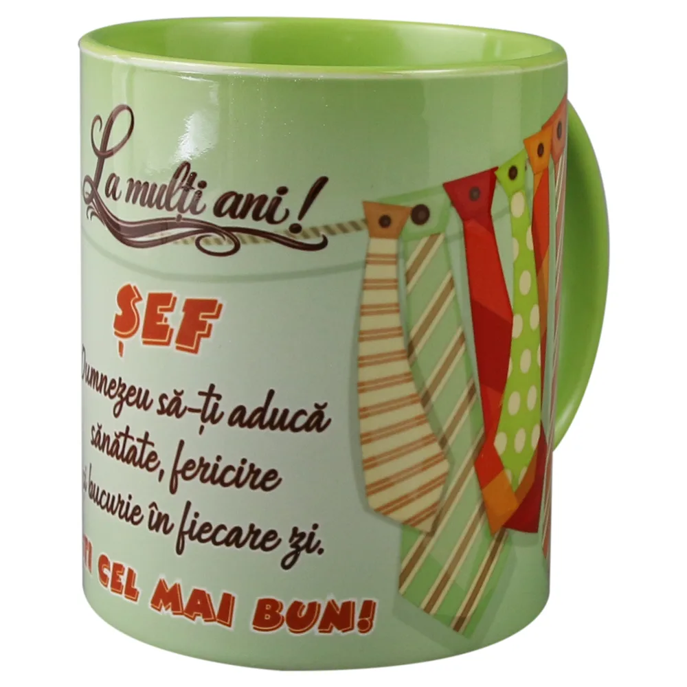 Cana ceramica "La multi ani! Sef...esti cel mai bun!", 330 ml, cravate - imagine 2