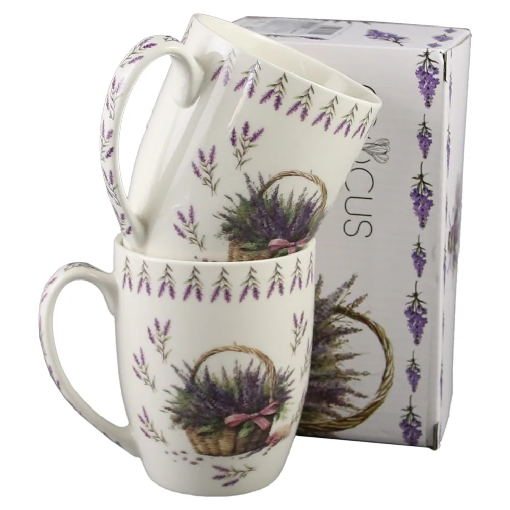 Set 2 cani din portelan 350 ml "Basket of Flowers-Lavanda", in cutie decorativa - imagine 2