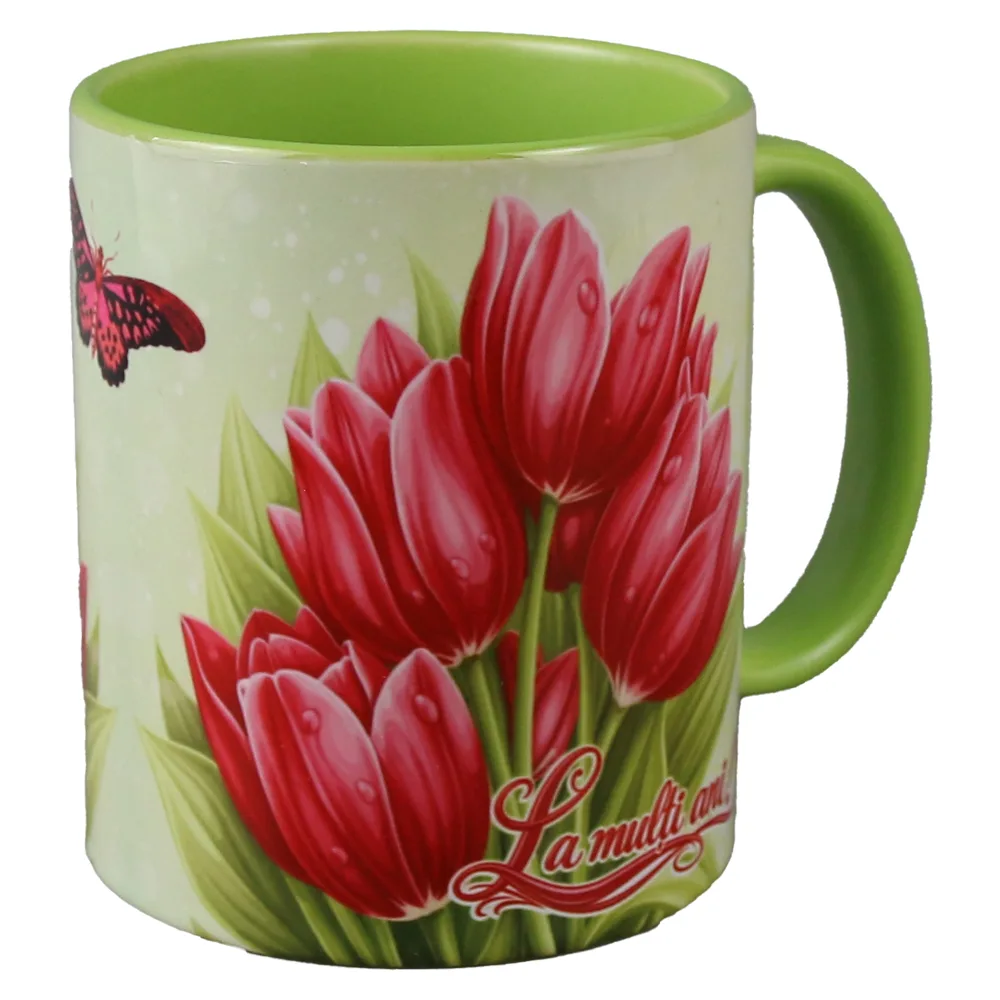 Cana ceramica "La multi ani!", 330 ml, lalele rosii - imagine 2
