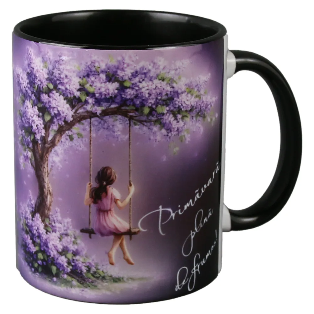 Cana ceramica "Primavara plina de frumos!", 330 ml, fetita pe leagan