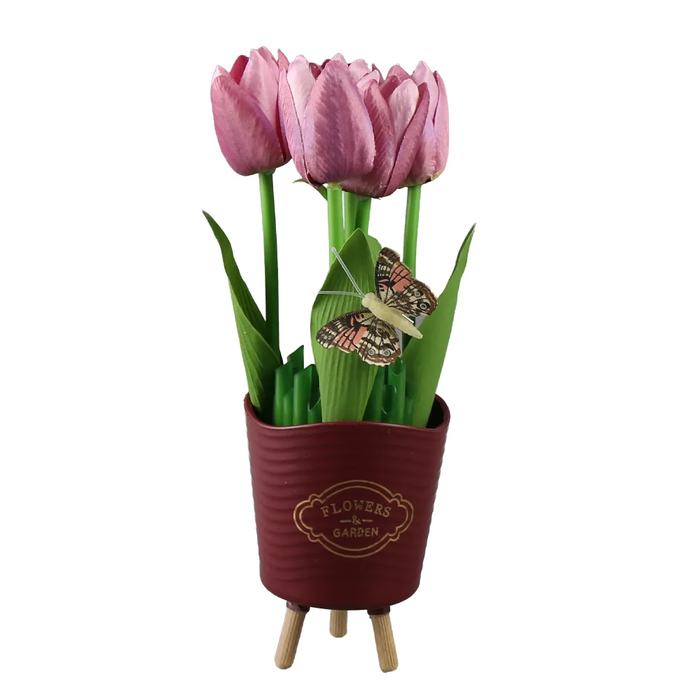 Aranjament floral in ghiveci plastic "Flowers & Garden", cu lalele si fluture, mov