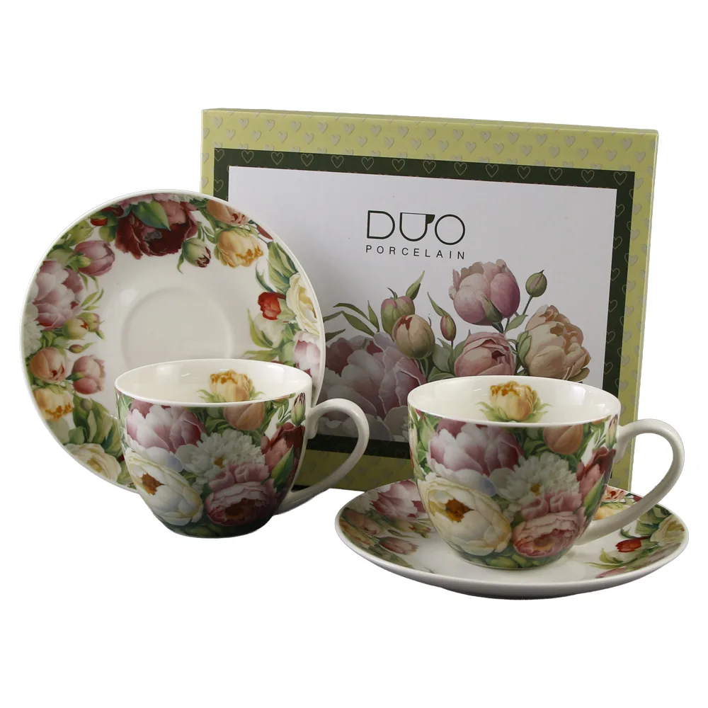 Set 2 cesti cu farfurii din portelan 270 ml "Peonies" in cutie decorativa
