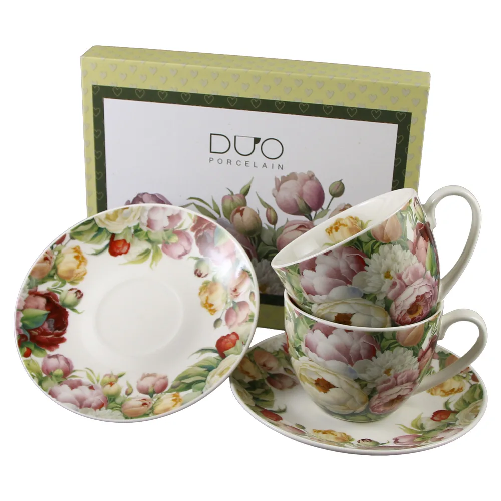 Set 2 cesti cu farfurii din portelan 270 ml "Peonies" in cutie decorativa - imagine 2