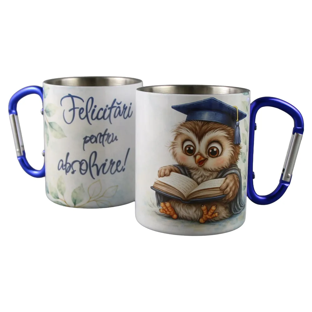 Cana metalica cu carabina "Felicitari pentru Absolvire!" 240 ml, Bufnita albastra
