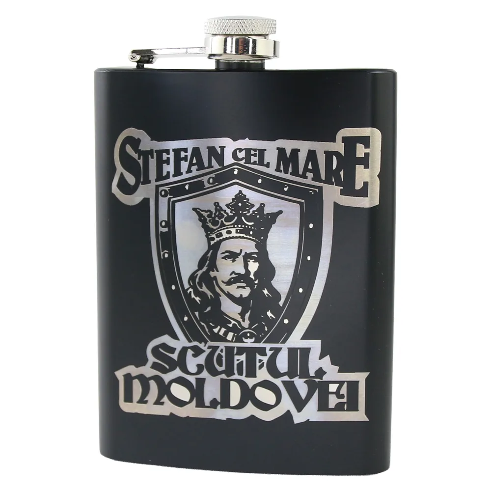 Plosca metalica gravata 220 ml "Stefan cel Mare, Scutul Moldovei"