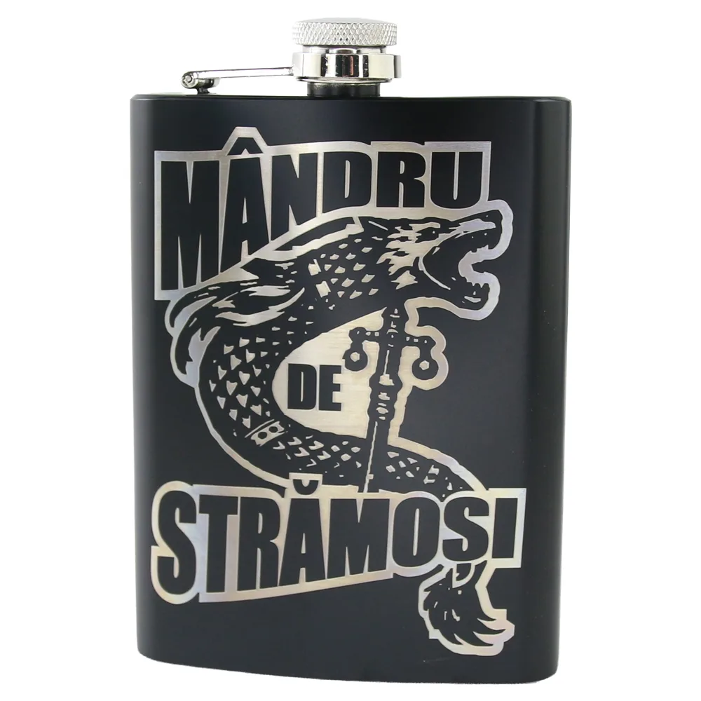 Plosca metalica gravata 220 ml "Mandru de Stramosi", Lupul dacic