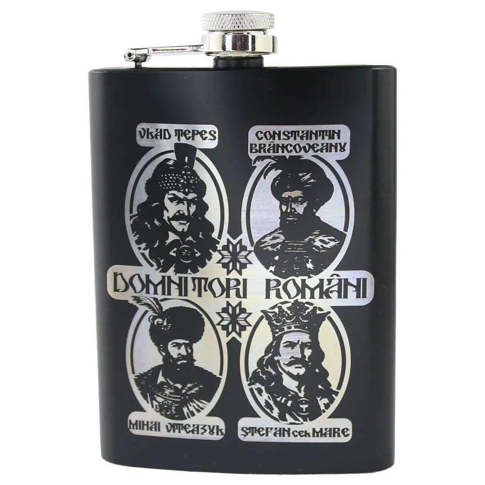 Plosca metalica gravata 220 ml "Domnitori Romani - Vlad Tepes / Constantin Brancoveanu / Mihai Viteazul / Stefan cel Mare"