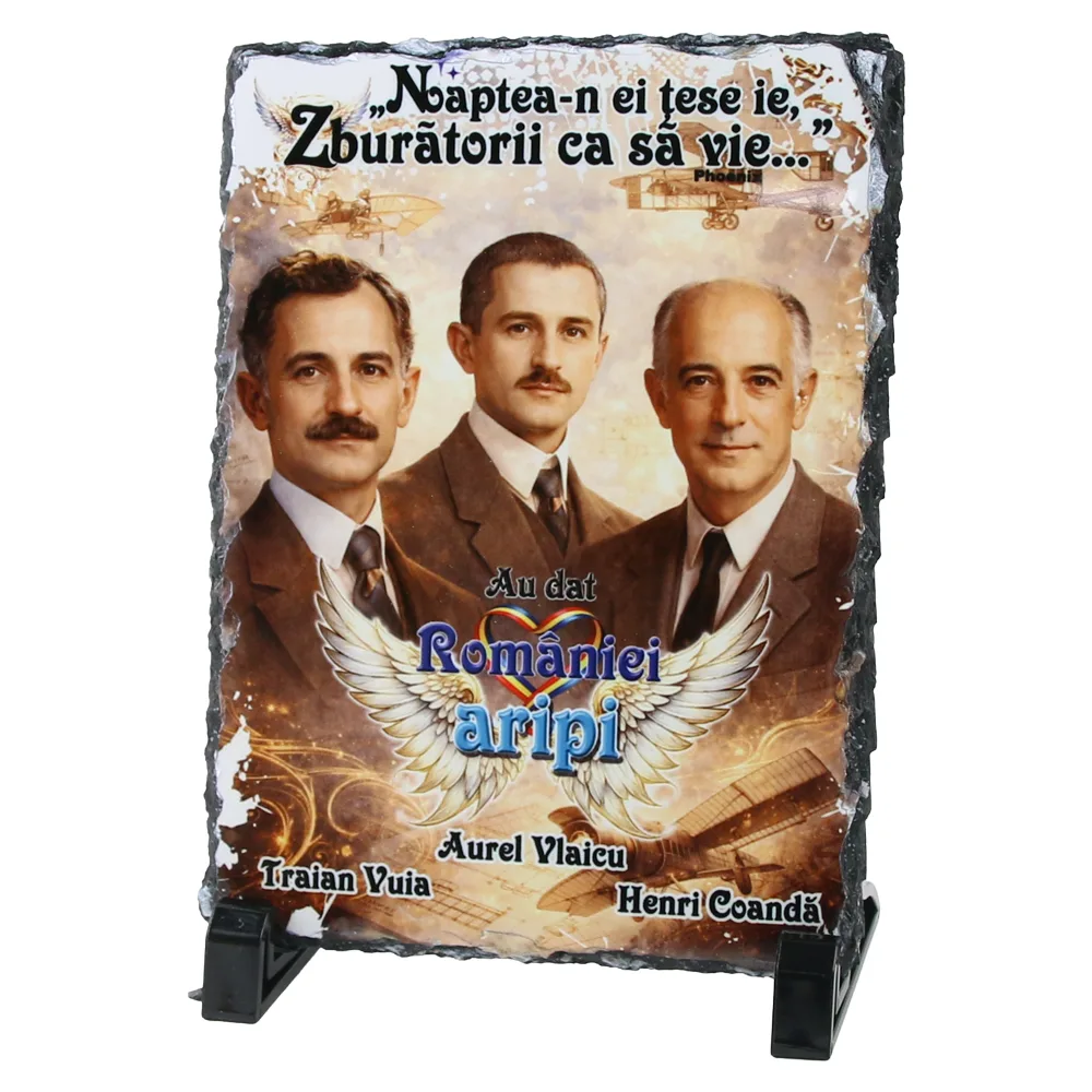 Placa ardezie "Au dat Romaniei aripi - Traian Vuia / Aurel Vlaicu / Henri Coanda" 14 x 19 cm
