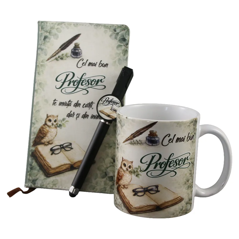 Set cadou "Cel mai bun Profesor" - agenda, pix touchscreen si cana ceramica, cu suport din lemn - imagine 2